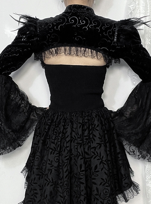Sexy Black Lace Long Sleeves Spliced ​​Velvet Printed Fabric Shoulder Feather Decoration Gothic Style Blouse Top