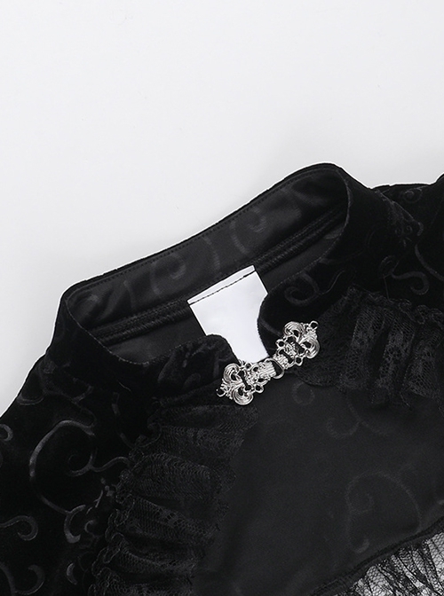 Sexy Black Lace Long Sleeves Spliced ​​Velvet Printed Fabric Shoulder Feather Decoration Gothic Style Blouse Top