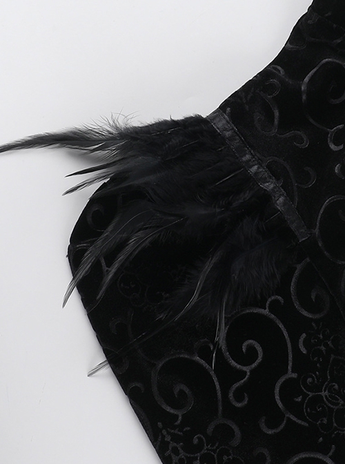 Sexy Black Lace Long Sleeves Spliced ​​Velvet Printed Fabric Shoulder Feather Decoration Gothic Style Blouse Top