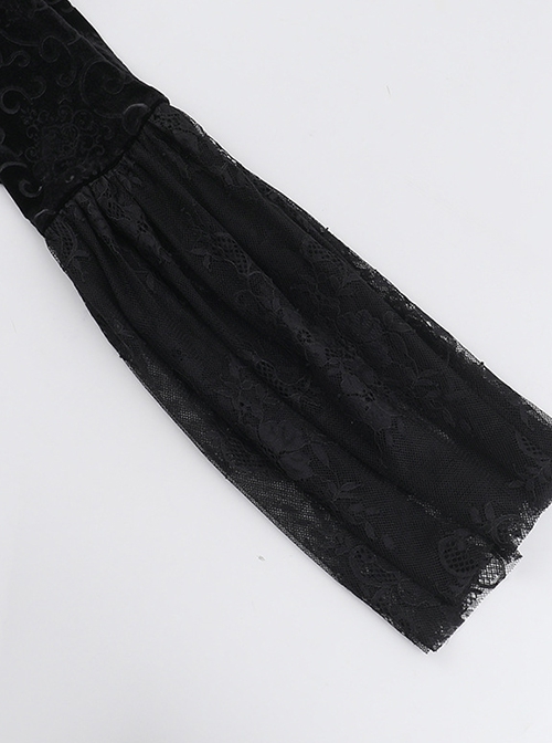 Sexy Black Lace Long Sleeves Spliced ​​Velvet Printed Fabric Shoulder Feather Decoration Gothic Style Blouse Top
