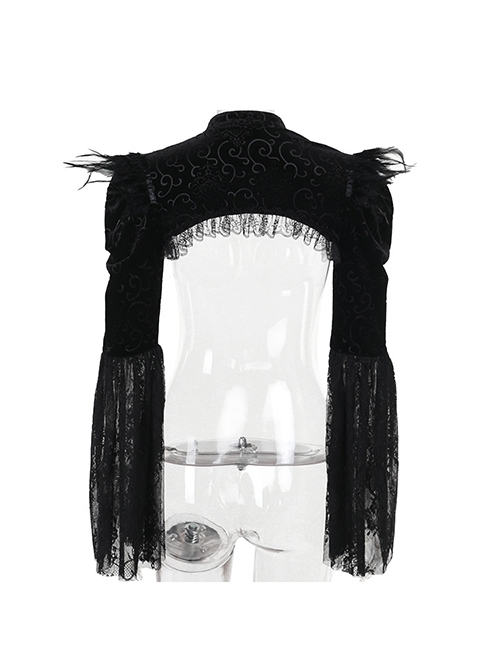Sexy Black Lace Long Sleeves Spliced ​​Velvet Printed Fabric Shoulder Feather Decoration Gothic Style Blouse Top