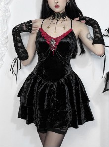Black Sexy Velvet Embossed Chest With Exquisite Gems And Red Jacquard Fabric Decoration Gothic Style Suspender Slim Dress