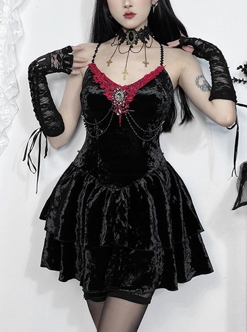 Black Sexy Velvet Embossed Chest With Exquisite Gems And Red Jacquard Fabric Decoration Gothic Style Suspender Slim Dress