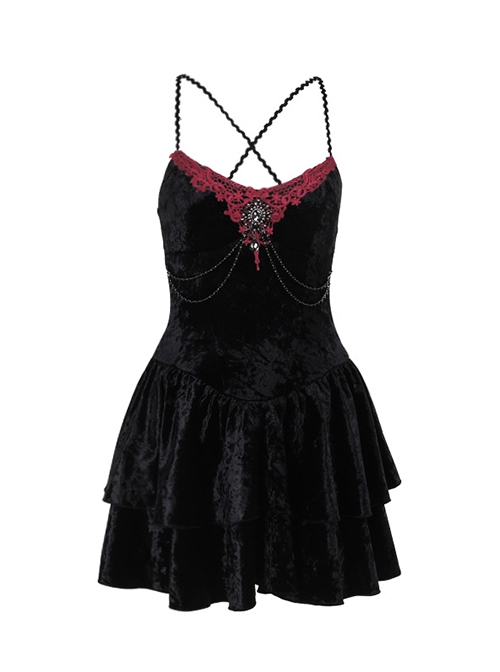 Black Sexy Velvet Embossed Chest With Exquisite Gems And Red Jacquard Fabric Decoration Gothic Style Suspender Slim Dress