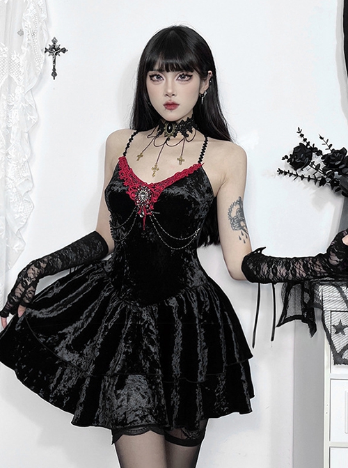 Black Sexy Velvet Embossed Chest With Exquisite Gems And Red Jacquard Fabric Decoration Gothic Style Suspender Slim Dress