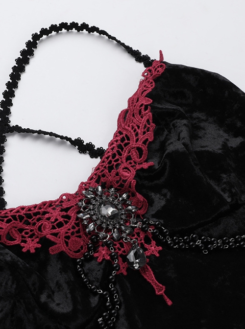 Black Sexy Velvet Embossed Chest With Exquisite Gems And Red Jacquard Fabric Decoration Gothic Style Suspender Slim Dress
