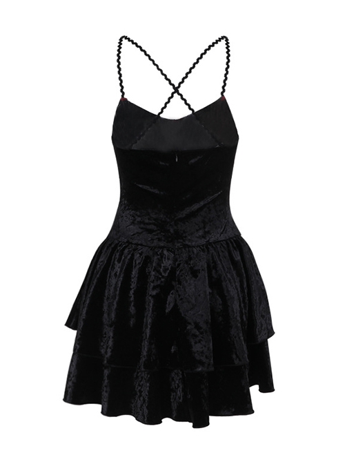 Black Sexy Velvet Embossed Chest With Exquisite Gems And Red Jacquard Fabric Decoration Gothic Style Suspender Slim Dress
