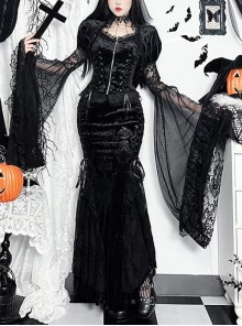 Black Sexy Velvet Plant Embossed Lace Gothic Style Trumpet Sleeve Blouse Top