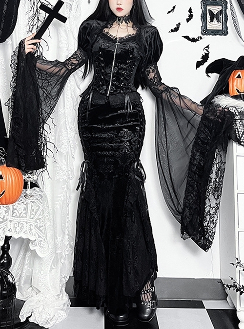 Black Sexy Velvet Plant Embossed Lace Gothic Style Trumpet Sleeve Blouse Top