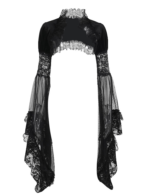 Black Sexy Velvet Plant Embossed Lace Gothic Style Trumpet Sleeve Blouse Top
