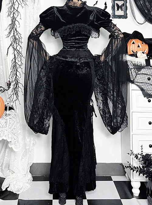 Black Sexy Velvet Plant Embossed Lace Gothic Style Trumpet Sleeve Blouse Top