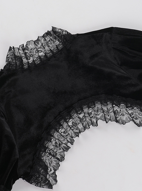 Black Sexy Velvet Plant Embossed Lace Gothic Style Trumpet Sleeve Blouse Top
