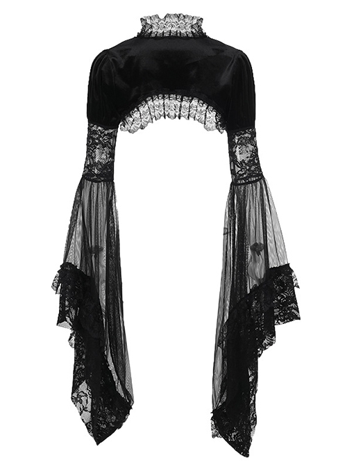 Black Sexy Velvet Plant Embossed Lace Gothic Style Trumpet Sleeve Blouse Top