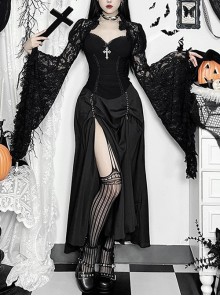 Temperament Black Slightly Transparent Lace Exaggerated Flared Long Sleeved Gothic Style Gorgeous Blouse Top