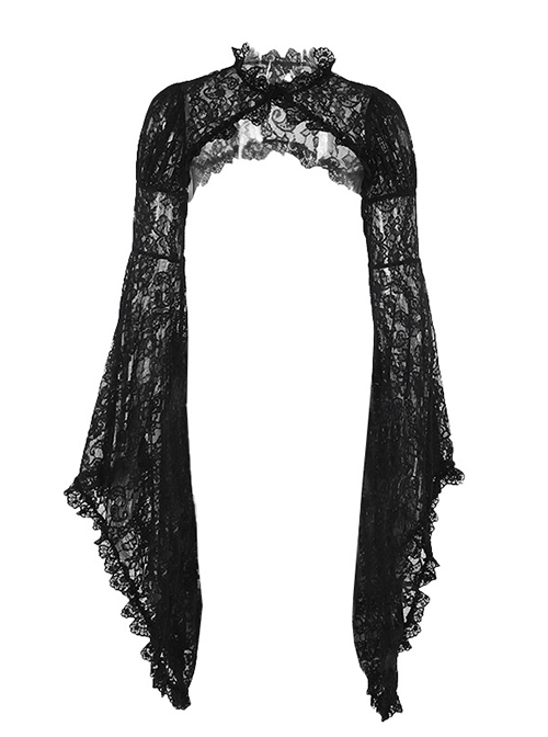 Temperament Black Slightly Transparent Lace Exaggerated Flared Long Sleeved Gothic Style Gorgeous Blouse Top