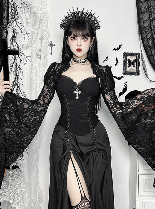 Temperament Black Slightly Transparent Lace Exaggerated Flared Long Sleeved Gothic Style Gorgeous Blouse Top