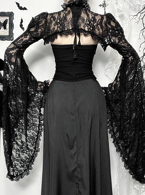 Temperament Black Slightly Transparent Lace Exaggerated Flared Long Sleeved Gothic Style Gorgeous Blouse Top