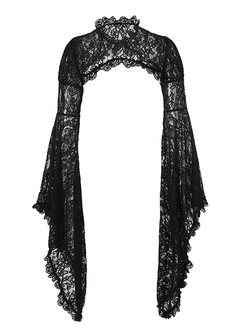 Temperament Black Slightly Transparent Lace Exaggerated Flared Long Sleeved Gothic Style Gorgeous Blouse Top