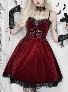 Burgundy Elegant Velvet Stitching Lace Lace Front Center Metal Chain Decoration Gothic Style Suspender Dress