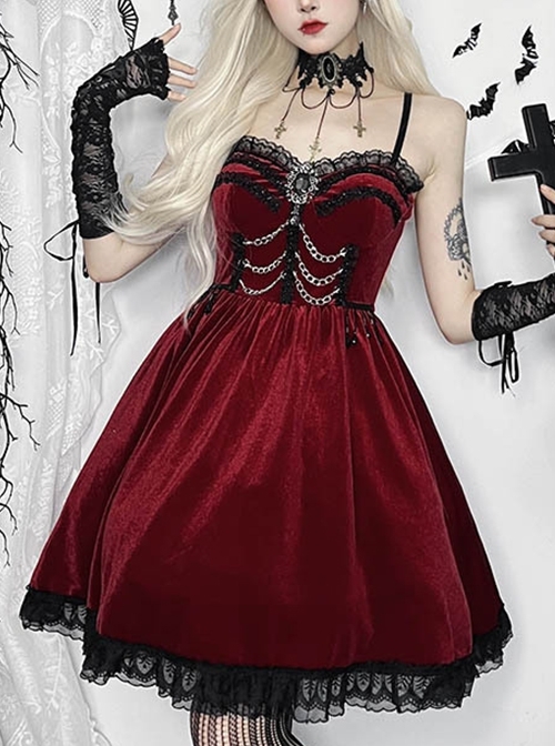 Burgundy Elegant Velvet Stitching Lace Lace Front Center Metal Chain Decoration Gothic Style Suspender Dress