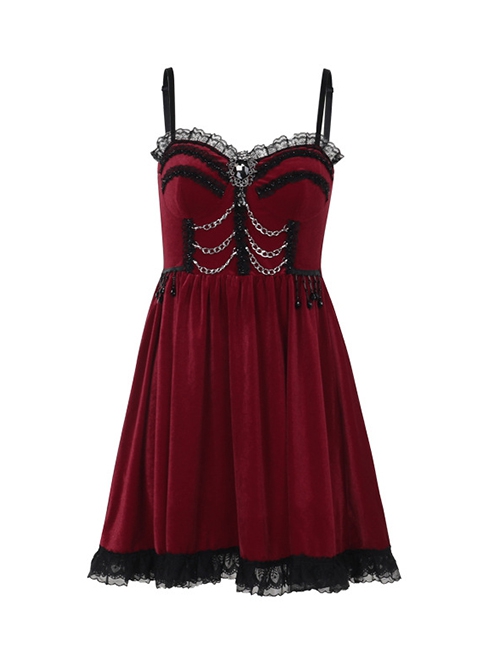 Burgundy Elegant Velvet Stitching Lace Lace Front Center Metal Chain Decoration Gothic Style Suspender Dress