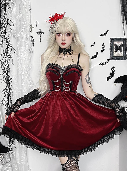 Burgundy Elegant Velvet Stitching Lace Lace Front Center Metal Chain Decoration Gothic Style Suspender Dress