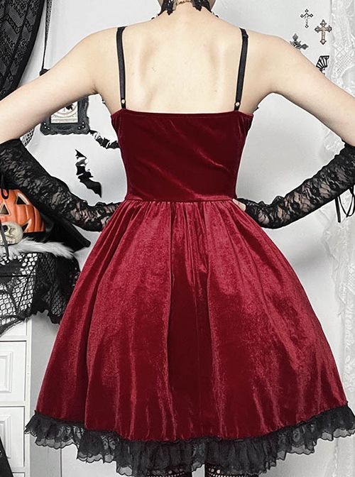 Burgundy Elegant Velvet Stitching Lace Lace Front Center Metal Chain Decoration Gothic Style Suspender Dress