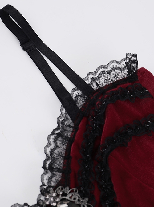 Burgundy Elegant Velvet Stitching Lace Lace Front Center Metal Chain Decoration Gothic Style Suspender Dress