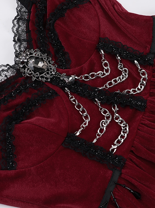 Burgundy Elegant Velvet Stitching Lace Lace Front Center Metal Chain Decoration Gothic Style Suspender Dress
