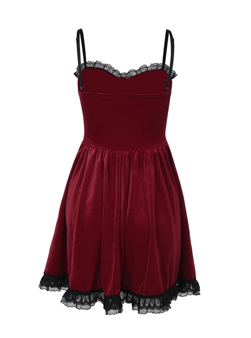Burgundy Elegant Velvet Stitching Lace Lace Front Center Metal Chain Decoration Gothic Style Suspender Dress