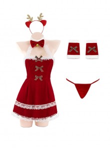 Sweet Christmas Elk Costume Red Velvet White Lace Tube Halter Neck Backless Dress Sexy Lingerie Set