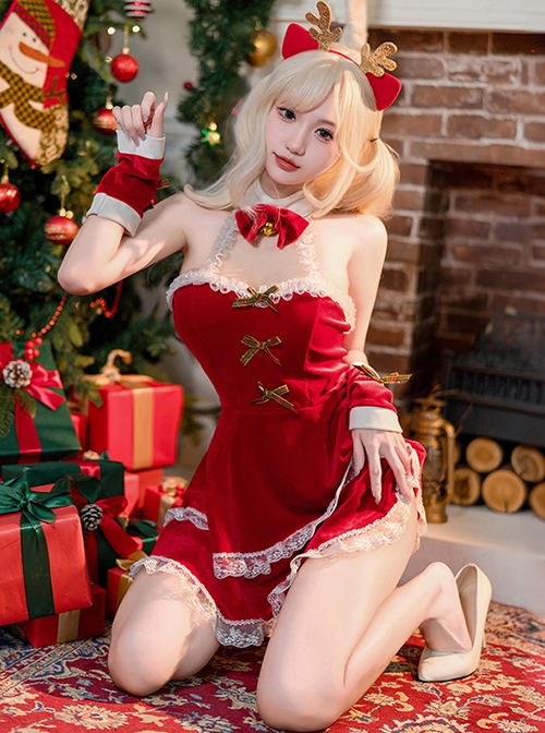 Sweet Christmas Elk Costume Red Velvet White Lace Tube Halter Neck Backless Dress Sexy Lingerie Set