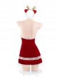 Sweet Christmas Elk Costume Red Velvet White Lace Tube Halter Neck Backless Dress Sexy Lingerie Set