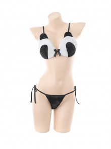 Black White Cute Second Dimension Short Plush Panda With Plush Ball Tail Three-Point Sexy Underwear Set