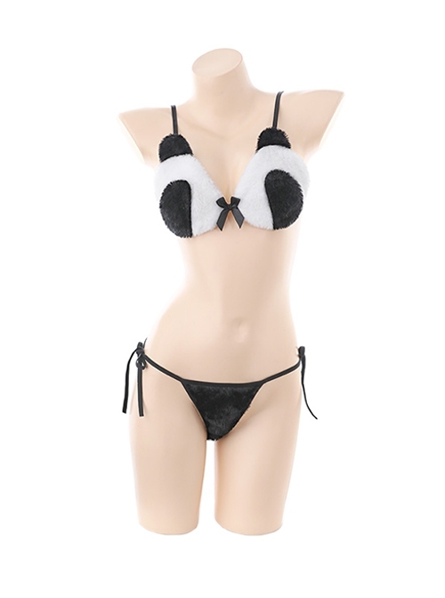 Black White Cute Second Dimension Short Plush Panda With Plush Ball Tail Three-Point Sexy Underwear Set