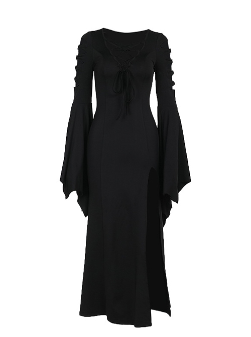 Sexy Slim Black Woven Fabric Front V Neck Design Gothic Style Bat Sleeve Dress