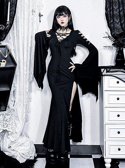 Sexy Slim Black Woven Fabric Front V Neck Design Gothic Style Bat Sleeve Dress