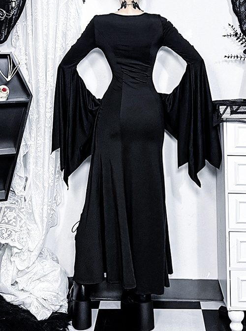 Sexy Slim Black Woven Fabric Front V Neck Design Gothic Style Bat Sleeve Dress