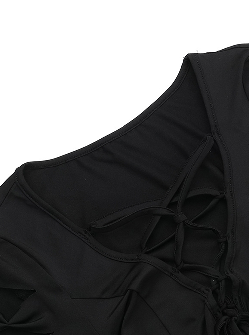 Sexy Slim Black Woven Fabric Front V Neck Design Gothic Style Bat Sleeve Dress