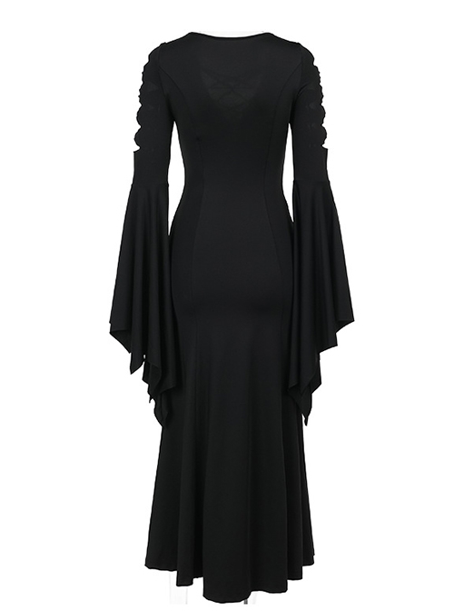 Sexy Slim Black Woven Fabric Front V Neck Design Gothic Style Bat Sleeve Dress