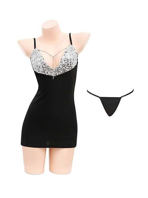 Nightclub Style Silver Chain Heart-Beating Silver Sequin Deep V Black Hip Dress Sexy Lingerie Set