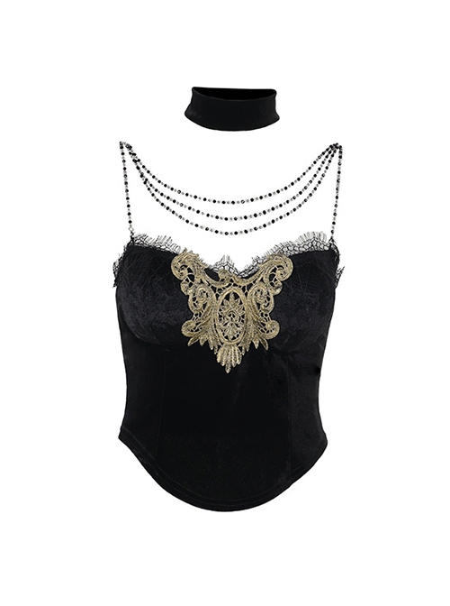 Black Sexy All Match Beaded Suspenders With Lace Trim Punk Style Sleeveless Top