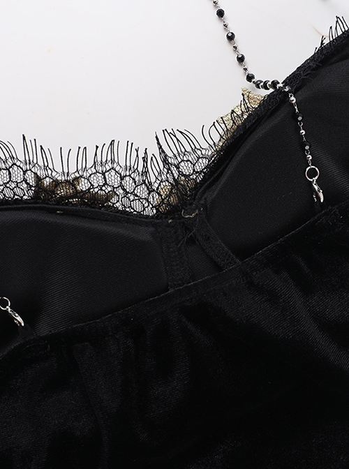 Black Sexy All Match Beaded Suspenders With Lace Trim Punk Style Sleeveless Top