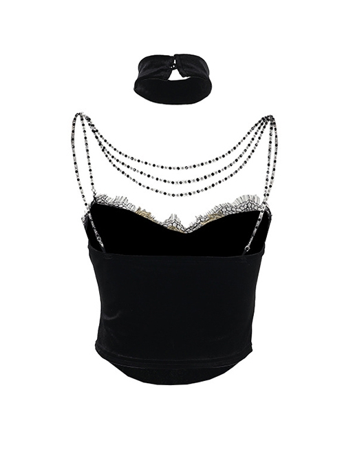 Black Sexy All Match Beaded Suspenders With Lace Trim Punk Style Sleeveless Top