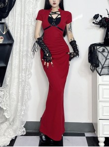 Sexy Slim Fit Simple Red Front Chest Deep V Neck Metal Ring Strap Decoration Gothic Style Short Sleeved Dress