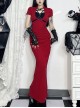 Sexy Slim Fit Simple Red Front Chest Deep V Neck Metal Ring Strap Decoration Gothic Style Short Sleeved Dress