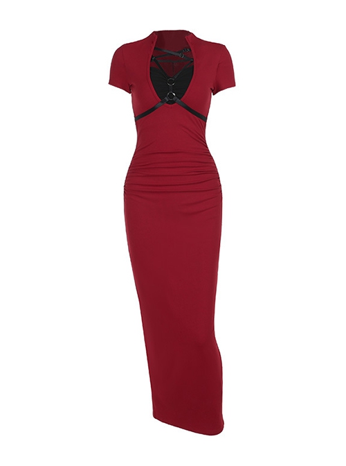 Sexy Slim Fit Simple Red Front Chest Deep V Neck Metal Ring Strap Decoration Gothic Style Short Sleeved Dress