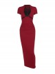 Sexy Slim Fit Simple Red Front Chest Deep V Neck Metal Ring Strap Decoration Gothic Style Short Sleeved Dress