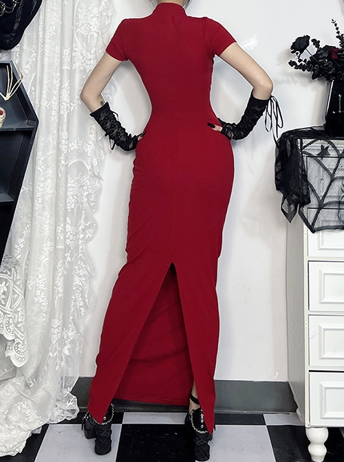 Sexy Slim Fit Simple Red Front Chest Deep V Neck Metal Ring Strap Decoration Gothic Style Short Sleeved Dress