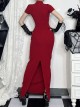 Sexy Slim Fit Simple Red Front Chest Deep V Neck Metal Ring Strap Decoration Gothic Style Short Sleeved Dress